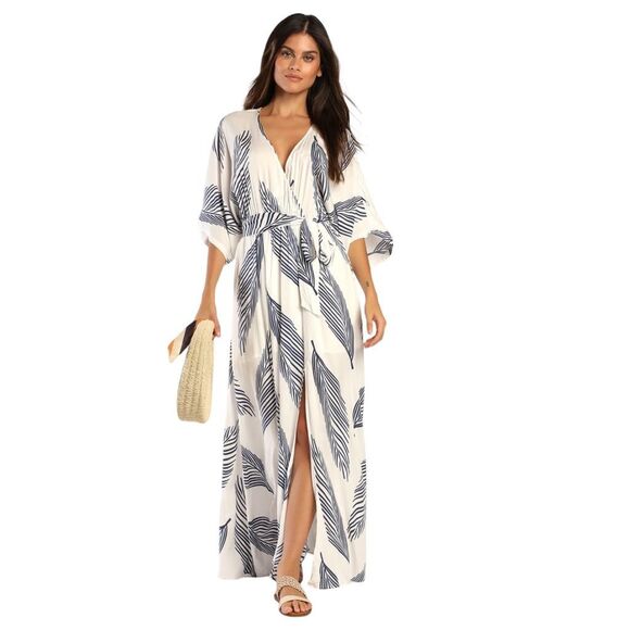 Lulus Sign of the Times White and Navy Blue Leaf Print Maxi Dress - Size XS - Picture 1 of 8